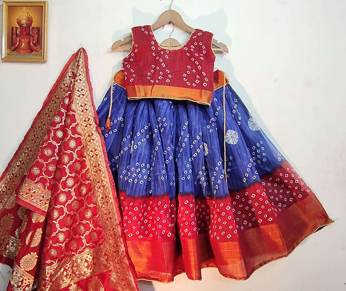 Chotibuti Lehenga Set | Kids, Girls, Lehengas, Red, Bandhani Print, Cotton,  Round, Sleeveless | Aza fashion, Fashion, Bandhani lehenga