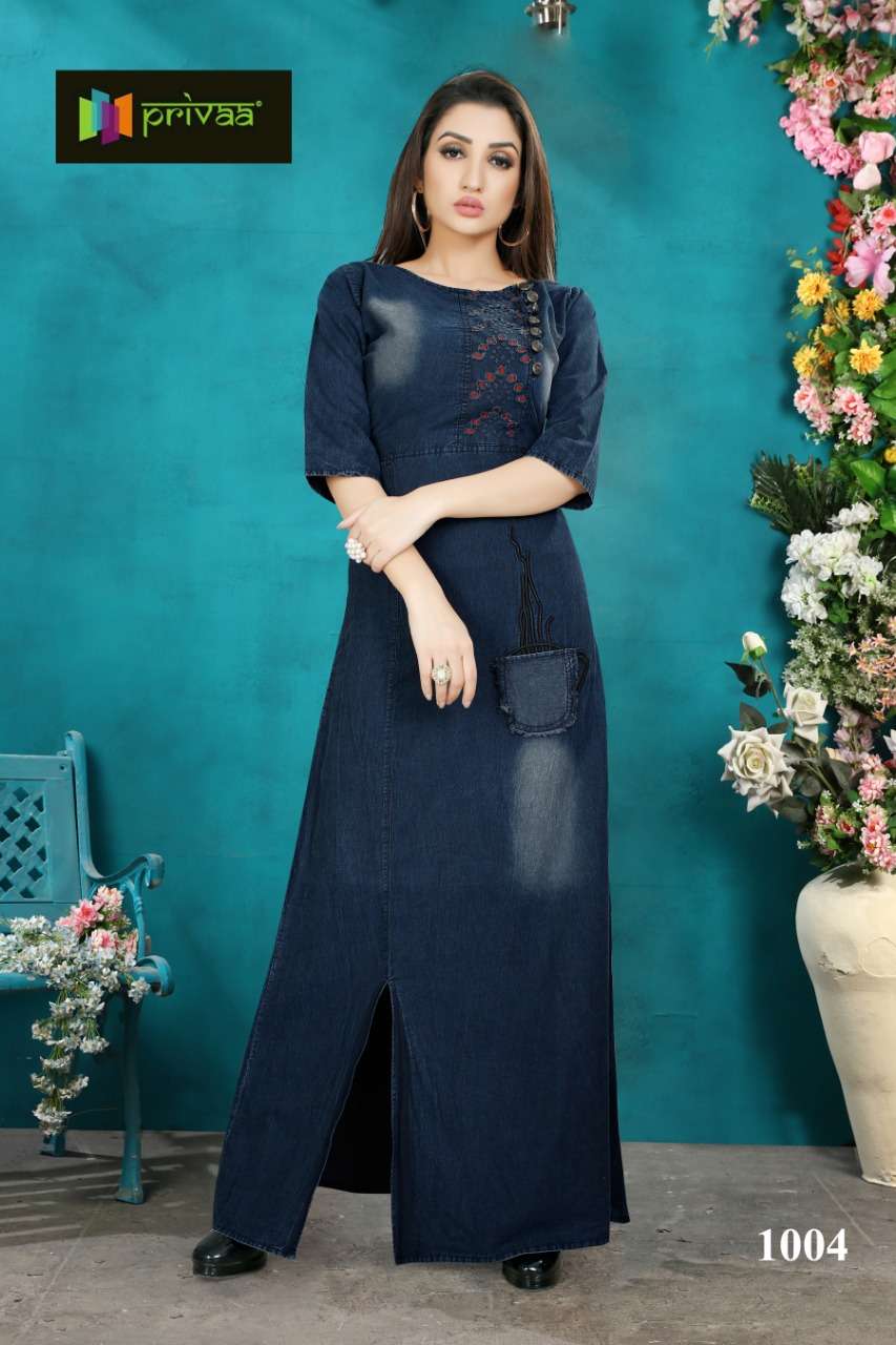 DENIM GOWN BY PRIVAA 1003 TO 1006 SERIES DESIGNER STYLISH FANCY COLORFUL BEAUTIFUL PARTY WEAR & ETHNIC WEAR COLLECTION PURE DENIM COTTON GOWNS AT WHOLESALE PRICE