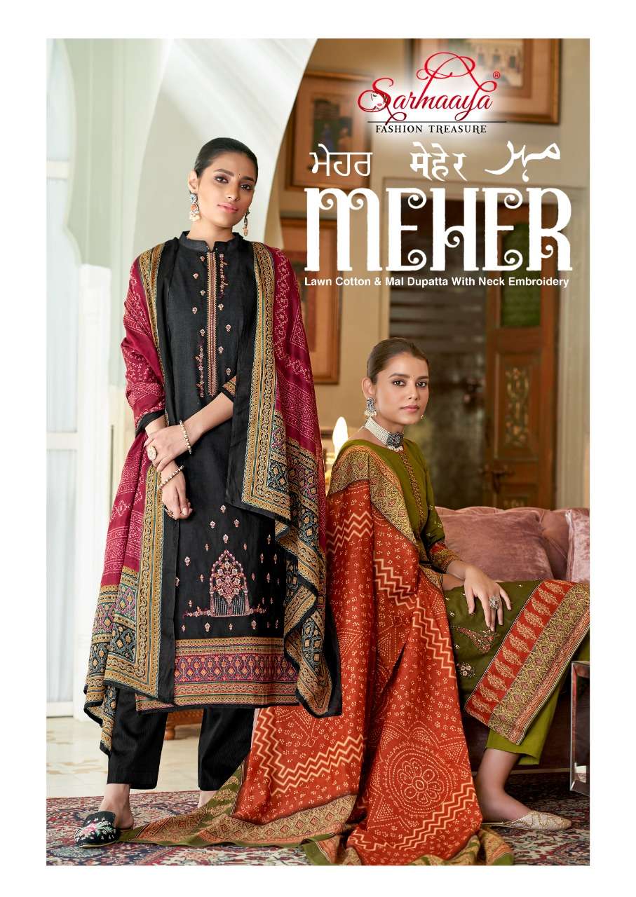 MEHER BY SARMAAYA 40001 TO 40008 SERIES BEAUTIFUL SUITS COLORFUL STYLISH FANCY CASUAL WEAR & ETHNIC WEAR PURE LAWN COTTON EMBROIDERED DRESSES AT WHOLESALE PRICE