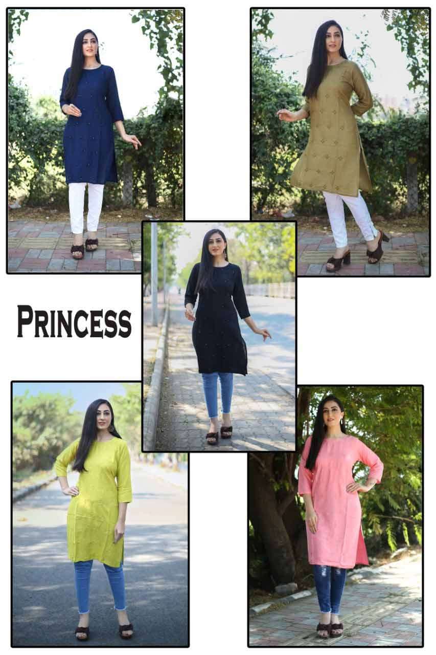 PRINCESS BY KIMAARI 1 TO 5 SERIES BEAUTIFUL STYLISH FANCY COLORFUL CASUAL WEAR & ETHNIC WEAR  HEAVY RAYON WITH EMBROIDERED KURTIS WITH AT WHOLESALE PRICE