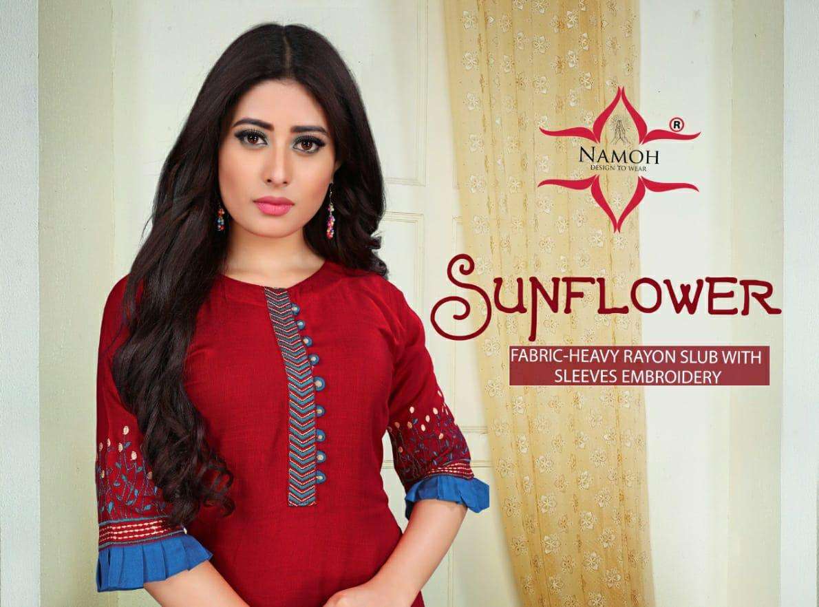 SUNFLOWER BY NAMOH 101 TO 112 SERIES DESIGNER STYLISH FANCY COLORFUL BEAUTIFUL PARTY WEAR & ETHNIC WEAR COLLECTION HEAVY RAYON SLUB EMBROIDERED KURTIS AT WHOLESALE PRICE