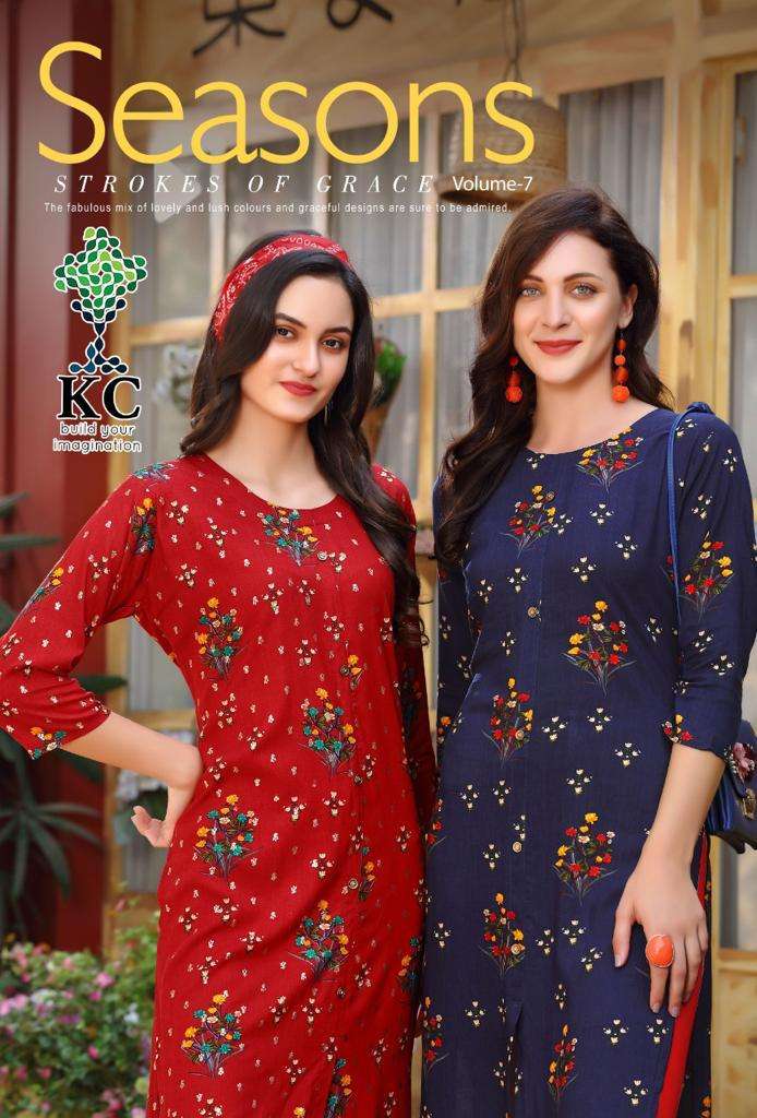 SEASONS VOL-7 BY KC 7001 TO 7008 SERIES STYLISH FANCY BEAUTIFUL COLORFUL CASUAL WEAR & ETHNIC WEAR HEAVY RAYON PRINT KURTIS AT WHOLESALE PRICE