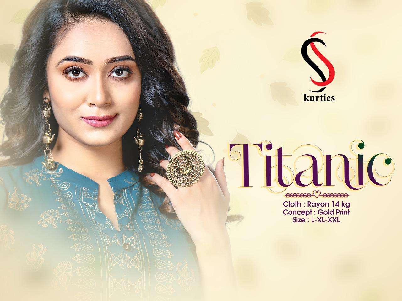 TITANIC BY S S KURTIS 101 TO 106 SERIES DESIGNER STYLISH FANCY COLORFUL BEAUTIFUL PARTY WEAR & ETHNIC WEAR COLLECTION RAYON GOLD PRINT KURTIS AT WHOLESALE PRICE