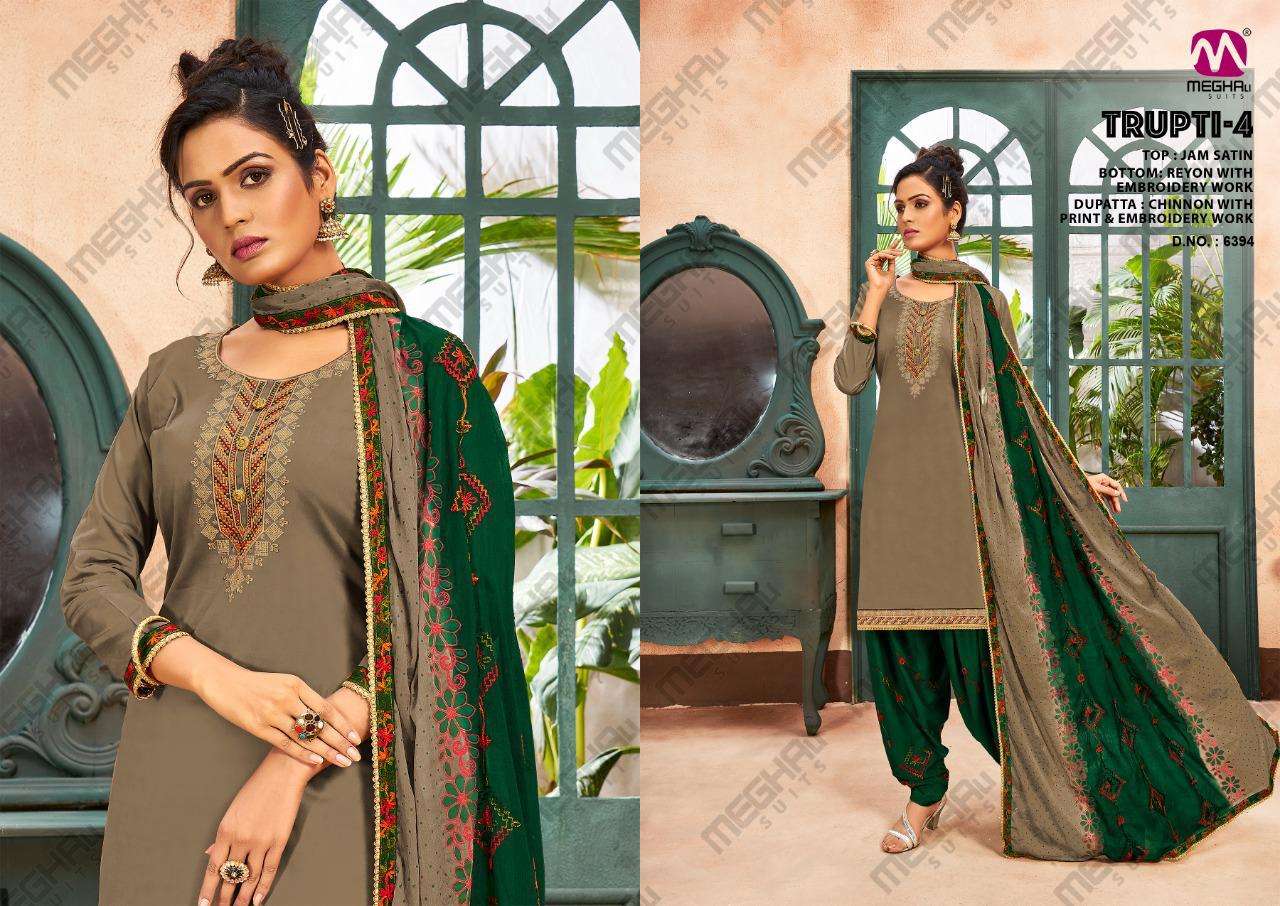 TRUPTI VOL-4 BY MEGHALI SUITS 6393 TO 6396 SERIES BEAUTIFUL SUITS COLORFUL STYLISH FANCY CASUAL WEAR & ETHNIC WEAR JAM SATIN DRESSES AT WHOLESALE PRICE