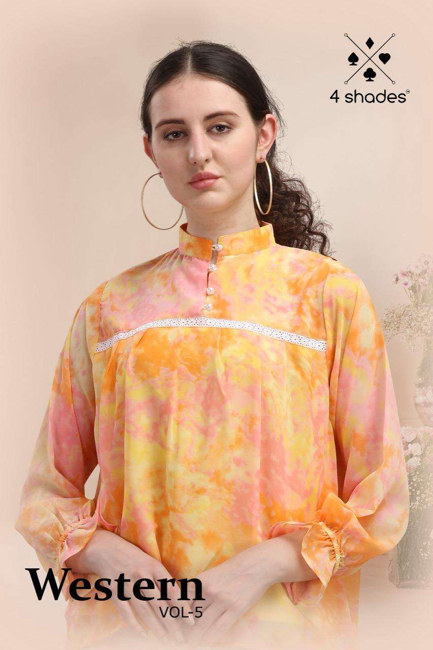 WESTERN VOL-5 BY 4 SHADES 101 TO 104 SERIES DESIGNER STYLISH FANCY COLORFUL BEAUTIFUL PARTY WEAR & ETHNIC WEAR COLLECTION GEORGETTE PRINT KURTIS AT WHOLESALE PRICE