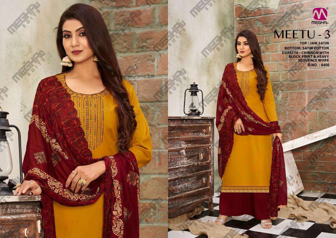 MEETU VOL-3 BY MEGHALI SUITS 6399 TO 6404 SERIES BEAUTIFUL SUITS COLORFUL STYLISH FANCY CASUAL WEAR & ETHNIC WEAR JAM SATIN DRESSES AT WHOLESALE PRICE