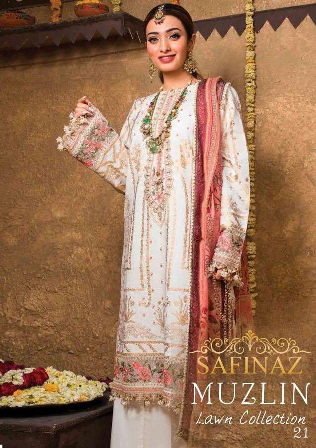 MUZLIN LAWN COLLECTION-21 BY SAFINAZ 1013 TO 1017 SERIES DESIGNER PAKISTANI SUITS BEAUTIFUL STYLISH FANCY COLORFUL PARTY WEAR & OCCASIONAL WEAR PURE CAMBRIC COTTON EMBRODERED DRESSES AT WHOLESALE PRICE