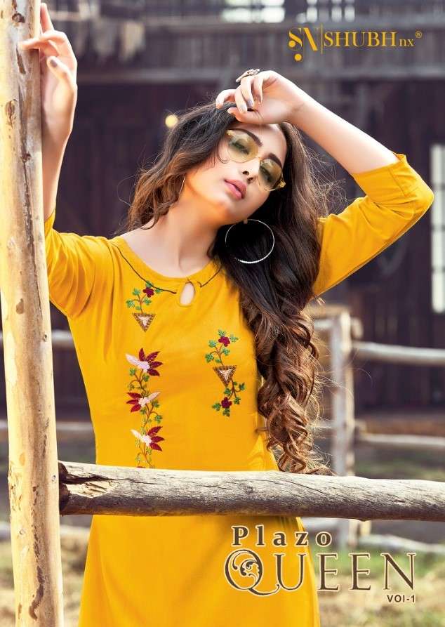 PLAZO QUEEN BY SHUBH NX 1001 TO 1008 SERIES STYLISH FANCY BEAUTIFUL COLORFUL CASUAL WEAR & ETHNIC WEAR RAYON EMBROIDERED KURTIS WITH BOTTOM AT WHOLESALE PRICE