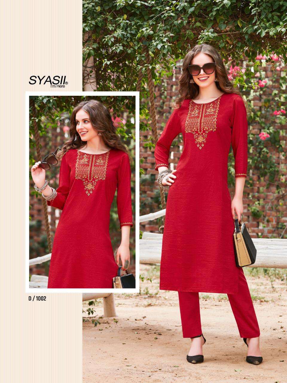 RAYASA BY SYASII 1001 TO 1008 SERIES DESIGNER STYLISH FANCY COLORFUL BEAUTIFUL PARTY WEAR & ETHNIC WEAR COLLECTION PURE CHINNON EMBROIDERY KURTIS WITH BOTTOM AT WHOLESALE PRICE