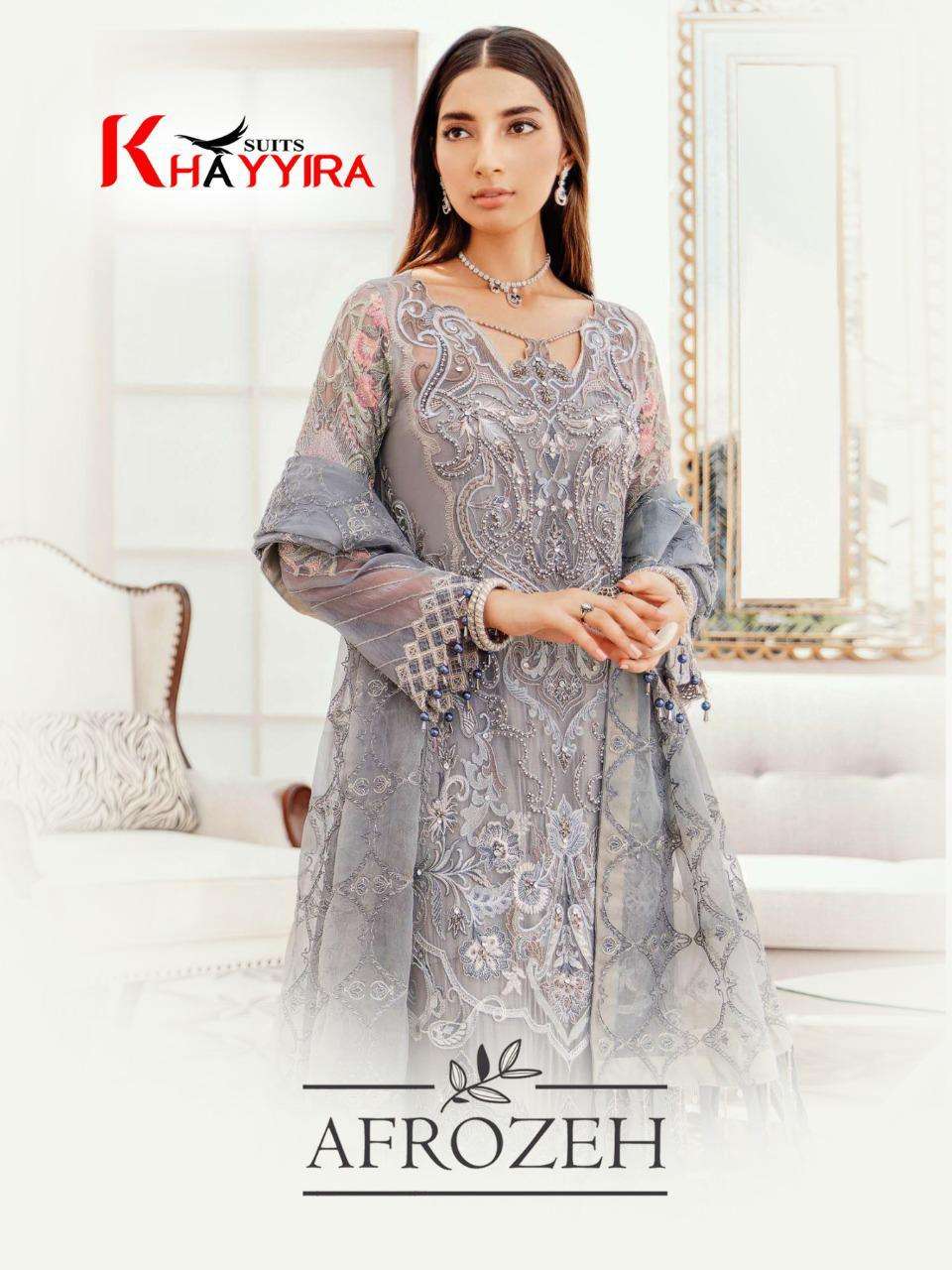 AFROZEH BY KHAYYIRA BEAUTIFUL STYLISH PAKISATNI SUITS FANCY COLORFUL CASUAL WEAR & ETHNIC WEAR & READY TO WEAR HEAVY FAUX GEORGETTE/BUTTERFLY NET WITH EMBROIDERY DRESSES AT WHOLESALE PRICE