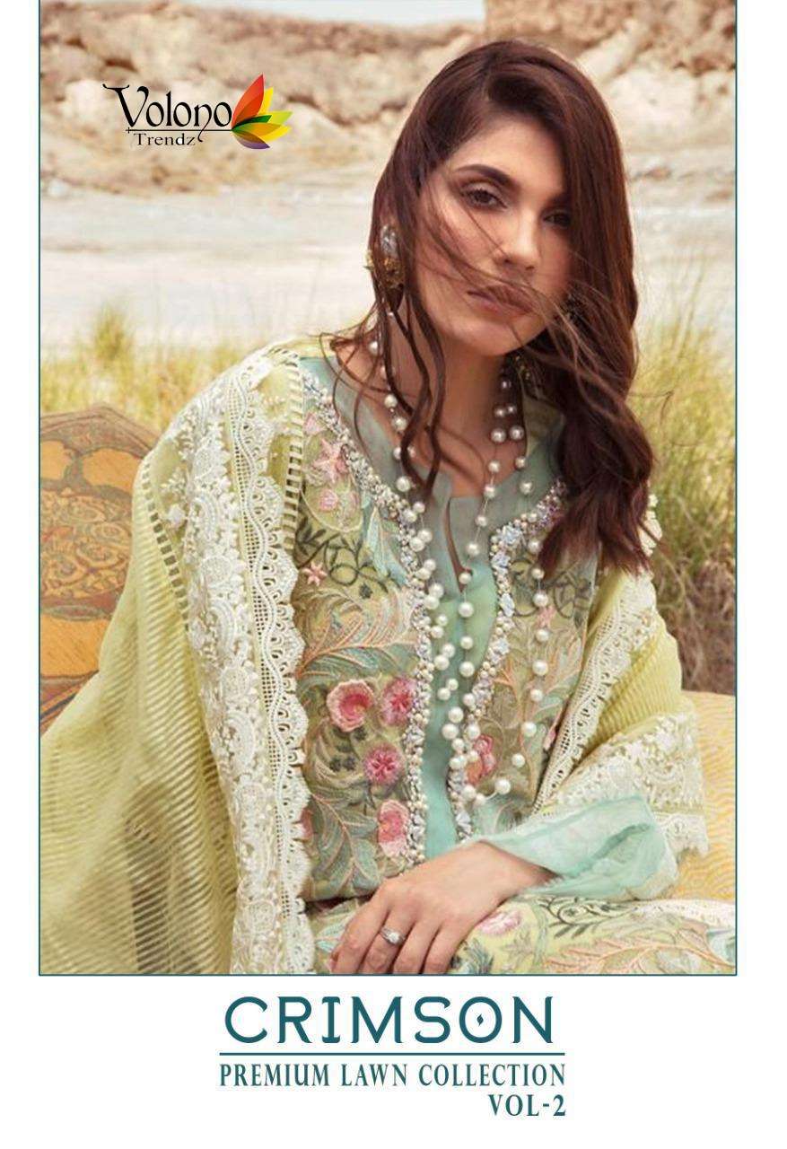 CRIMSON PREMIUM LAWN COLLECTION VOL-2 BY VOLONO TRENDZ 1011 TO 1012 SERIES DESIGNER PAKISTANI SUITS BEAUTIFUL FANCY COLORFUL STYLISH PARTY WEAR & OCCASIONAL WEAR PURE COTTON WITH EMBROIDERY DRESSES AT WHOLESALE PRICE