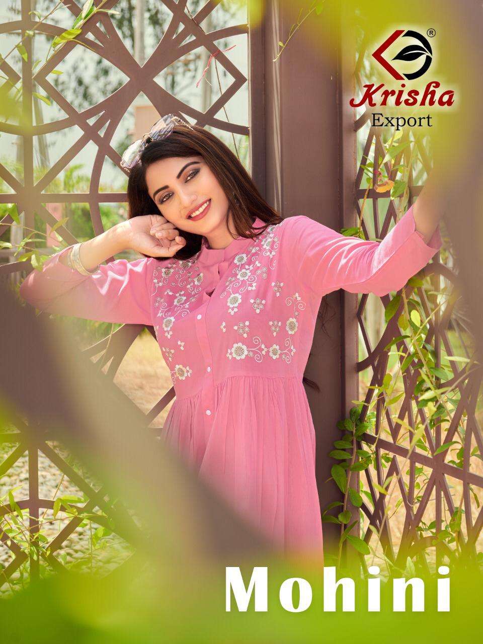 MOHINI BY KRISHA EXPORTS 4001 TO 4005 SERIES DESIGNER STYLISH FANCY COLORFUL BEAUTIFUL PARTY WEAR & ETHNIC WEAR COLLECTION RAYON EMBROIDERY KURTIS AT WHOLESALE PRICE