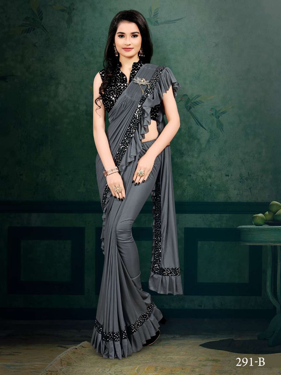 Buy Bottle Green Pre-stitched Ruffle Frill Saree With Contrast Silver  Beaded Blouse