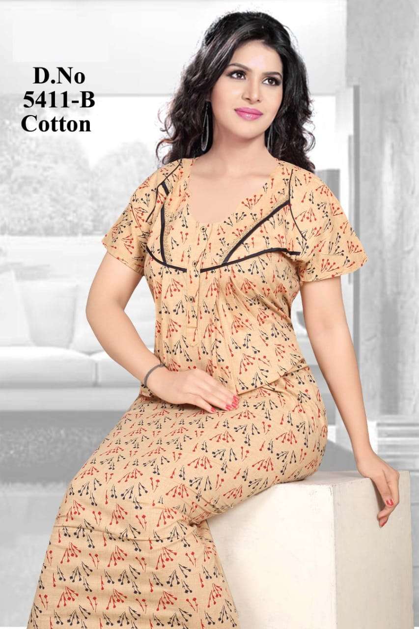 PURE COTTON NIGHTY VOL-5 BY KAAMIRI 5411-A TO 5411-D SERIES DESIGNER  BEAUTIFUL STYLISH FANCY COLORFUL PARTY WEAR & OCCASIONAL WEAR COTTON GOWNS  AT WHOLESALE PRICE