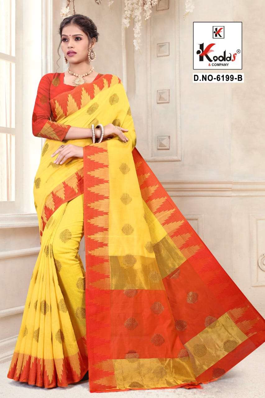 RIDHIMA 6199 BY KODAS 6199-A TO 6199-D SERIES INDIAN TRADITIONAL WEAR COLLECTION BEAUTIFUL STYLISH FANCY COLORFUL PARTY WEAR & OCCASIONAL WEAR COTTON SAREES AT WHOLESALE PRICE
