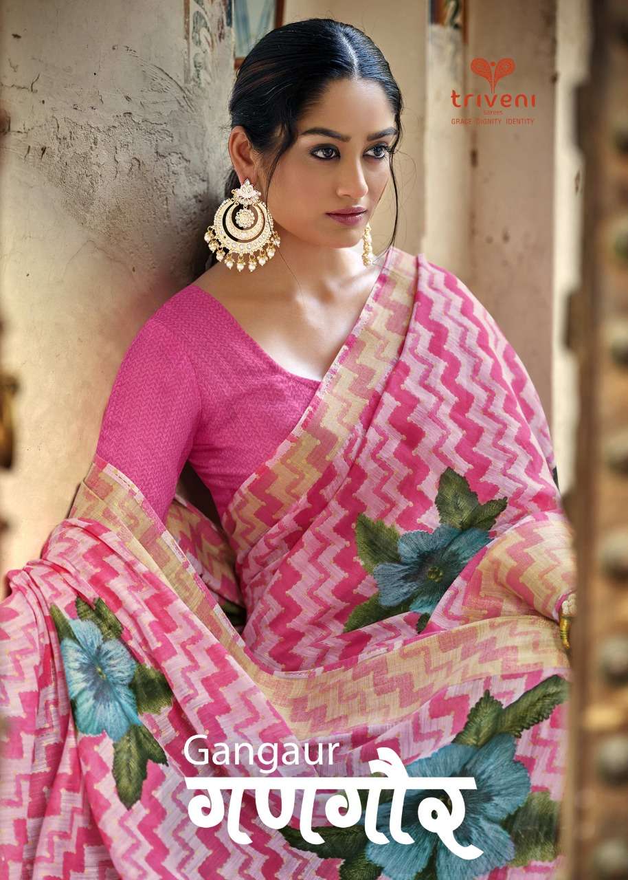 GANGAUR BY TRIVENI 11811 TO 11818 SERIES INDIAN TRADITIONAL WEAR COLLECTION BEAUTIFUL STYLISH FANCY COLORFUL PARTY WEAR & OCCASIONAL WEAR LINEN COTTON SAREES AT WHOLESALE PRICE