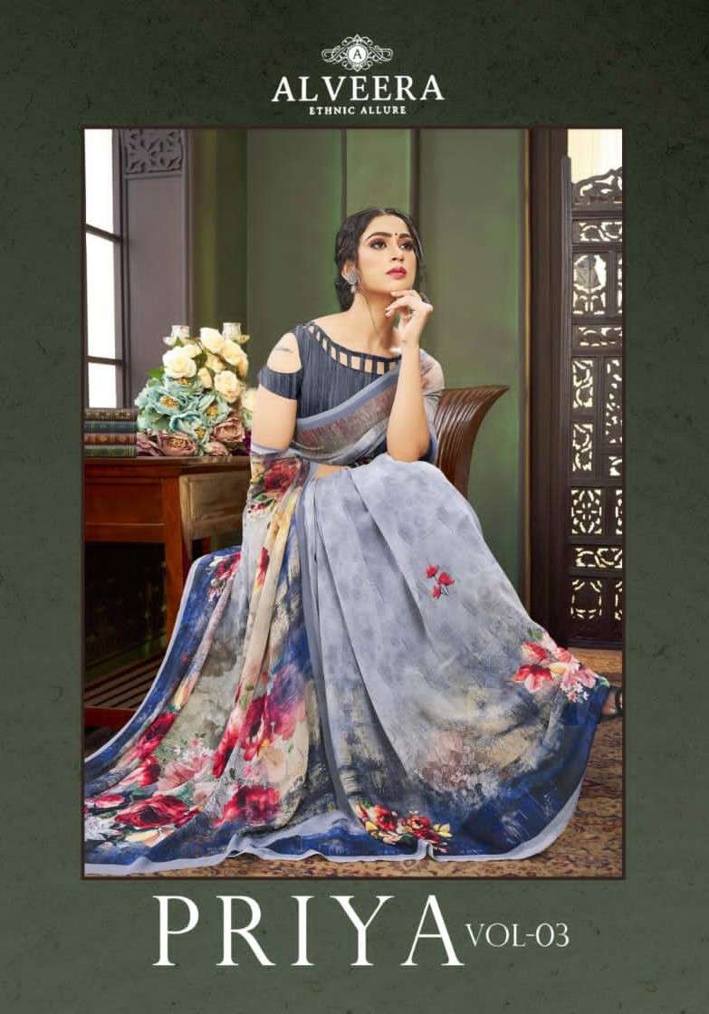 PRIYA VOL-3 BY ALVEERA 3001 TO 3008 SERIES INDIAN TRADITIONAL WEAR COLLECTION BEAUTIFUL STYLISH FANCY COLORFUL PARTY WEAR & OCCASIONAL WEAR GEORGETTE DIGITAL PRINT SAREES AT WHOLESALE PRICE