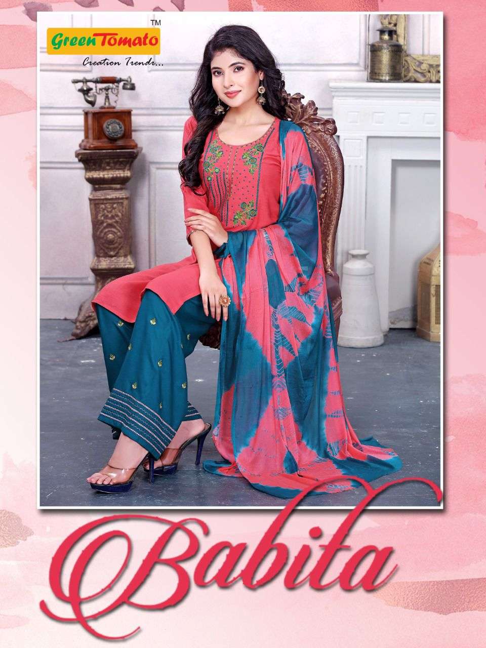 BABITA BY GREEN TOMATO 1 TO 8 SERIES BEAUTIFUL SUITS COLORFUL STYLISH FANCY CASUAL WEAR & ETHNIC WEAR RAYON EMBROIDERED DRESSES AT WHOLESALE PRICE