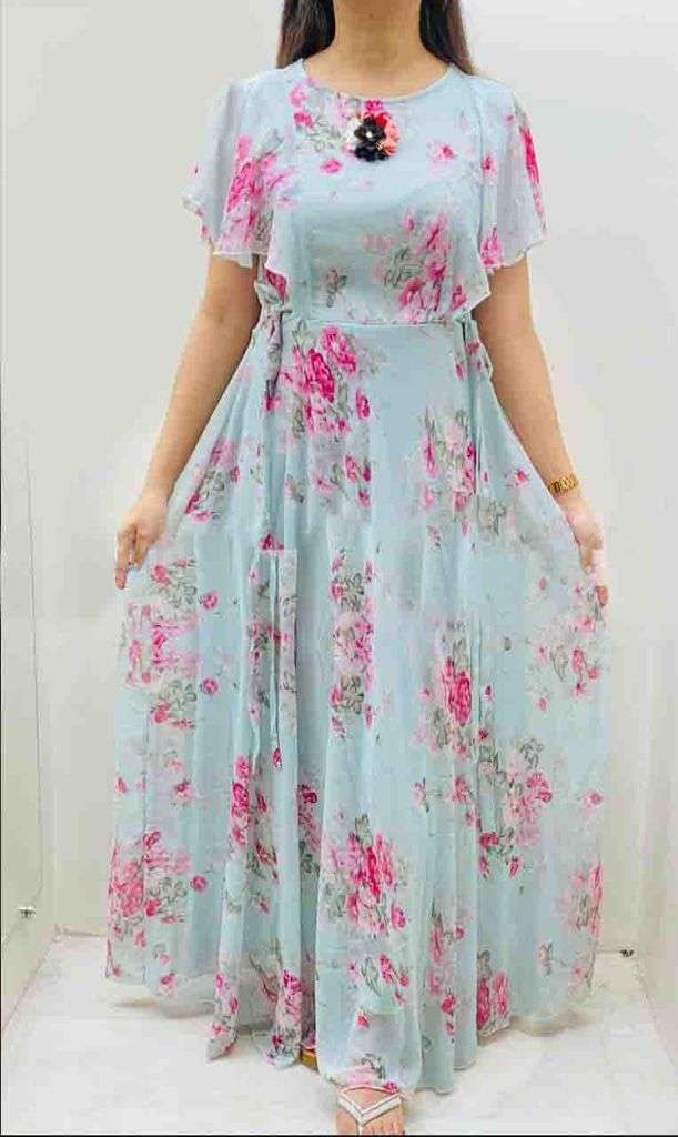 Occasion Wear Sky Blue Color Flower Print Gown – Amrutamfab