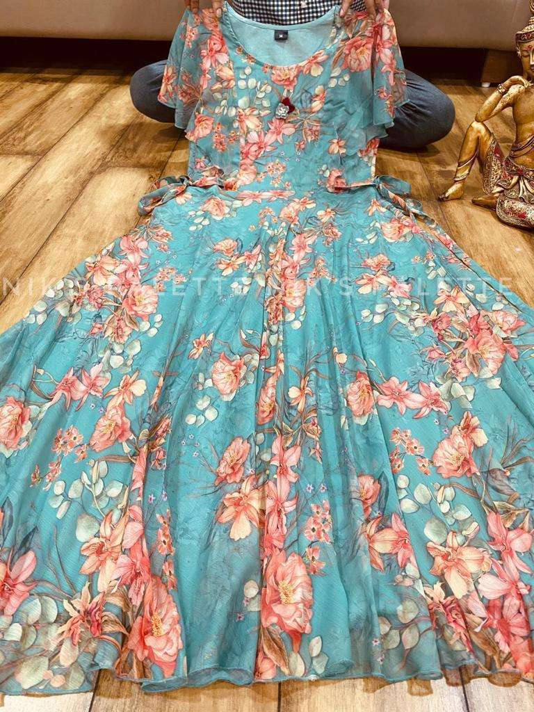 Muslin Blue Gown Dress in Digital print UK - GW0486