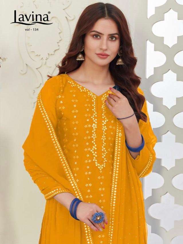 LAVINA VOL-134 BY LAVINA 134-001 TO 134-004 SERIES BEAUTIFUL SHARARA SUITS STYLISH FANCY COLORFUL CASUAL WEAR & ETHNIC WEAR CHINNON EMBROIDERED DRESSES AT WHOLESALE PRICE