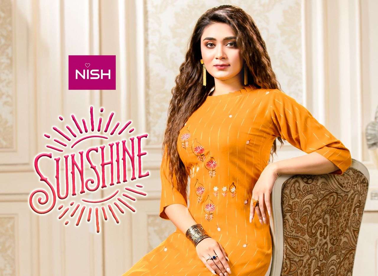 SUNSHINE BY NISH 101 TO 106 SERIES DESIGNER STYLISH FANCY COLORFUL BEAUTIFUL PARTY WEAR & ETHNIC WEAR COLLECTION RAYON KURTIS WITH BOTTOM AT WHOLESALE PRICE
