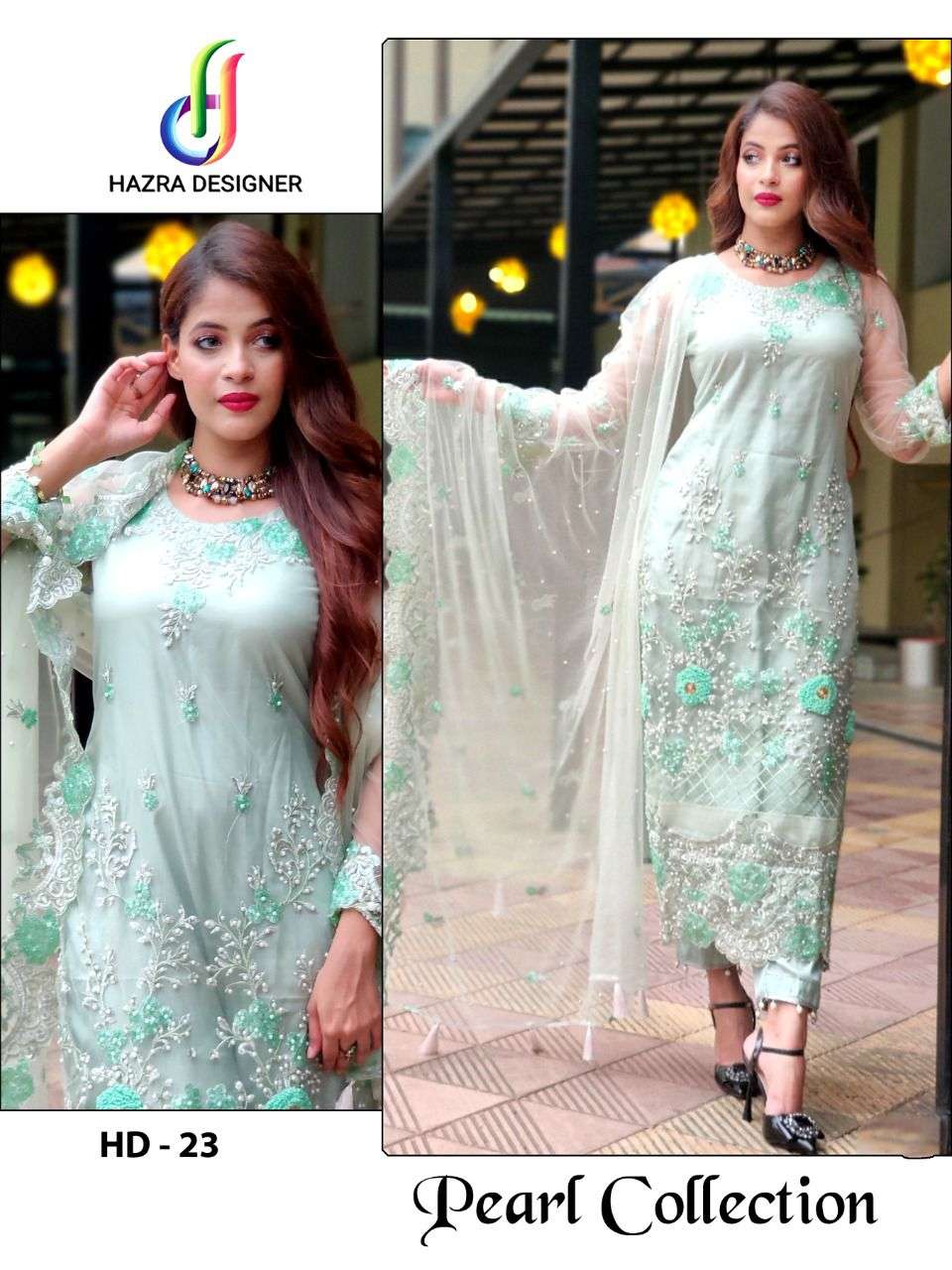 HAZRA HIT DESIGN 23 BY HAZRA DESIGNER PAKISTANI SUITS BEAUTIFUL FANCY COLORFUL STYLISH PARTY WEAR & OCCASIONAL WEAR BUTTERFLY NET WITH EMBROIDERY DRESSES AT WHOLESALE PRICE