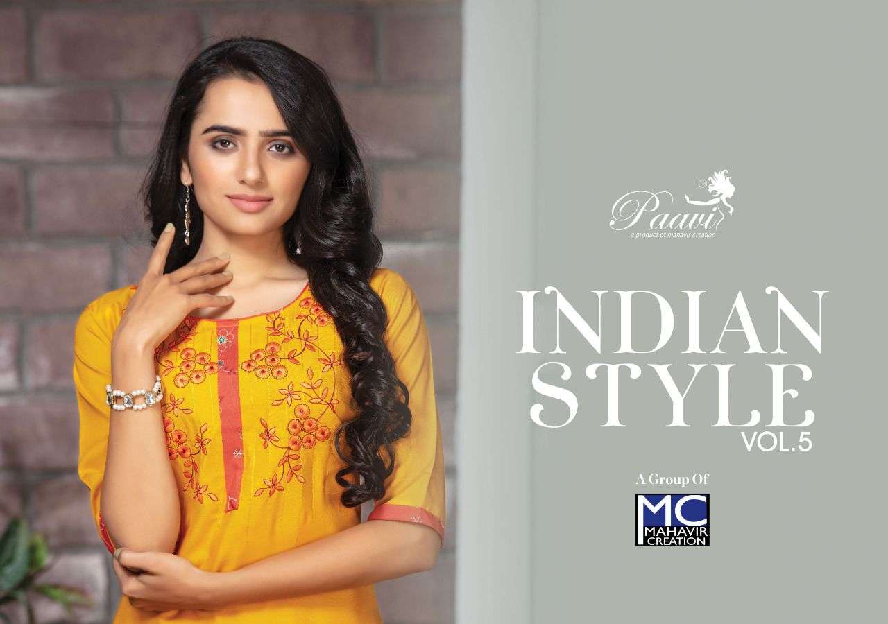 INDIAN STYLE VOL-5 BY PAAVI 501 TO 508 SERIES DESIGNER STYLISH FANCY COLORFUL BEAUTIFUL PARTY WEAR & ETHNIC WEAR COLLECTION RAYON EMBROIDERED KURTIS WITH BOTTOM AT WHOLESALE PRICE