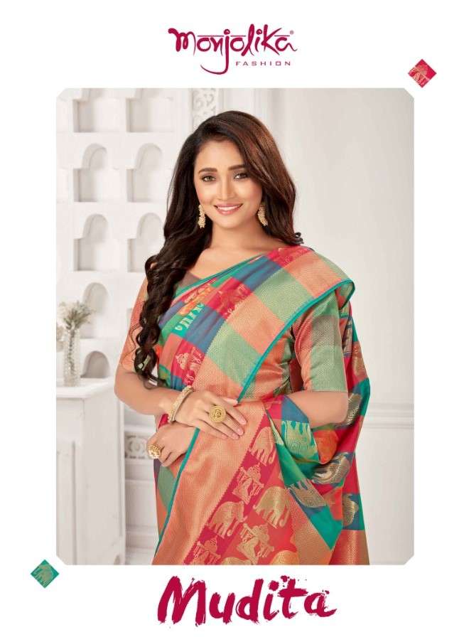 MUDITA BY MONJOLIKA 4201 TO 4205 SERIES INDIAN TRADITIONAL WEAR COLLECTION BEAUTIFUL STYLISH FANCY COLORFUL PARTY WEAR & OCCASIONAL WEAR BANARASI SILK SAREES AT WHOLESALE PRICE