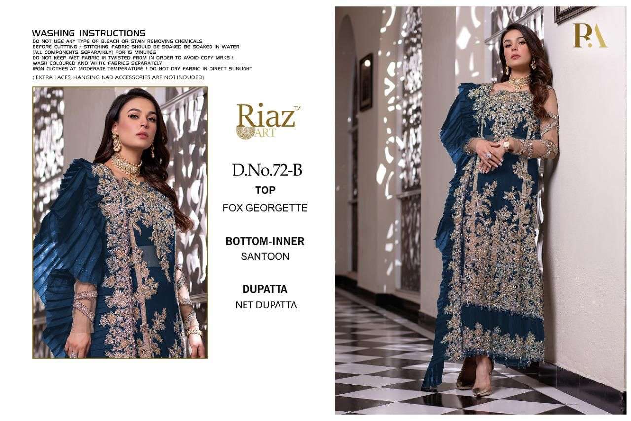 RIAZ 72 COLOURS BY RIAZ ART 72-A TO 72-E SERIES BEAUTIFUL STYLISH SHARARA SUITS FANCY COLORFUL CASUAL WEAR & ETHNIC WEAR & READY TO WEAR FAUX GEORGETTE EMBROIDERED DRESSES AT WHOLESALE PRICE