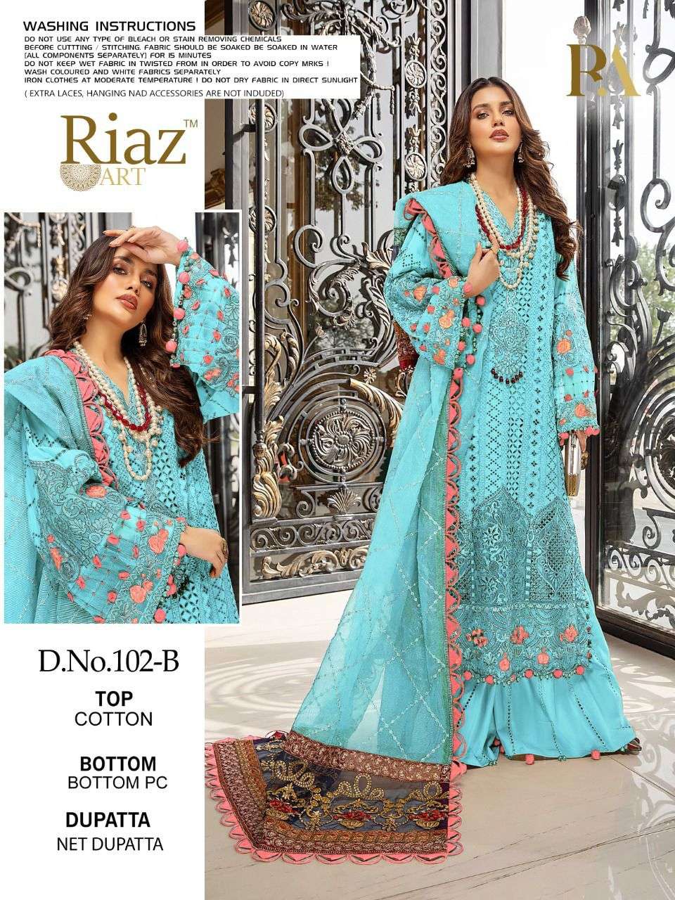 RIAZ 102 COLOURS BY RIAZ ART 102-A TO 102-D SERIES BEAUTIFUL STYLISH SHARARA SUITS FANCY COLORFUL CASUAL WEAR & ETHNIC WEAR & READY TO WEAR COTTON EMBROIDERED DRESSES AT WHOLESALE PRICE