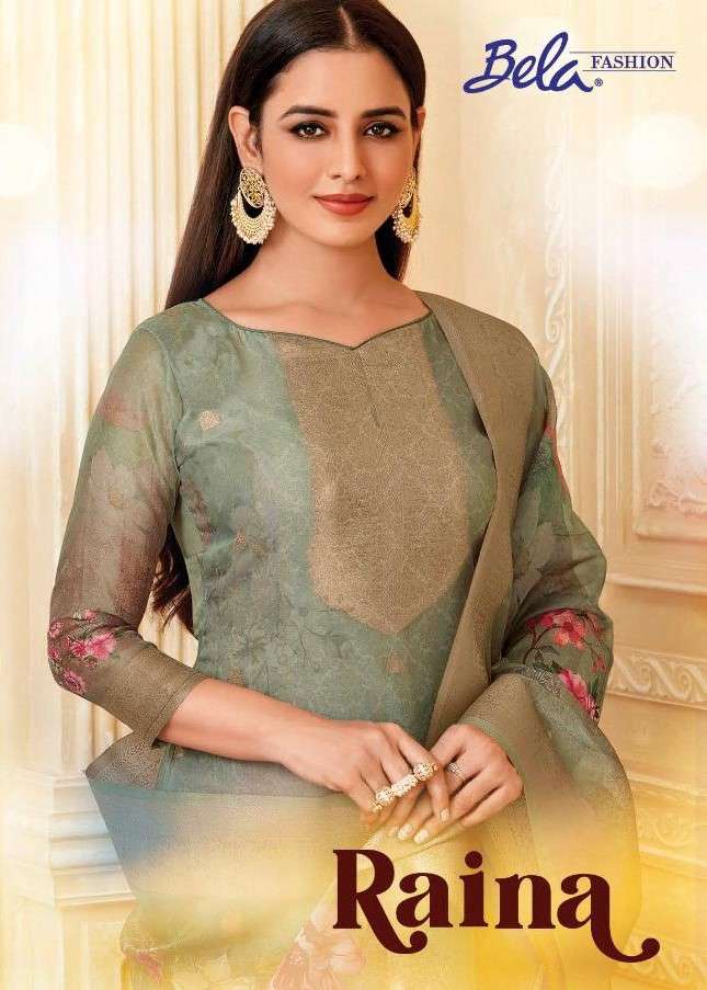 RAINA BY BELA FASHION 2079 TO 2086 SERIES BEAUTIFUL SUITS COLORFUL STYLISH FANCY CASUAL WEAR & ETHNIC WEAR ORGANZA JACQUARD PRINT DRESSES AT WHOLESALE PRICE