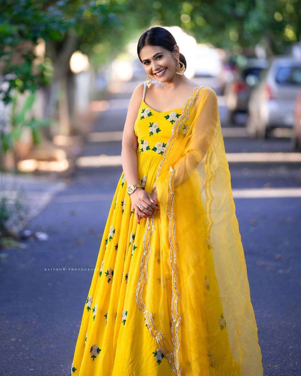 Shop Bitiya By Bhama Yellow Net Embroidered Gown Dress. Online –  Bhamadesigns