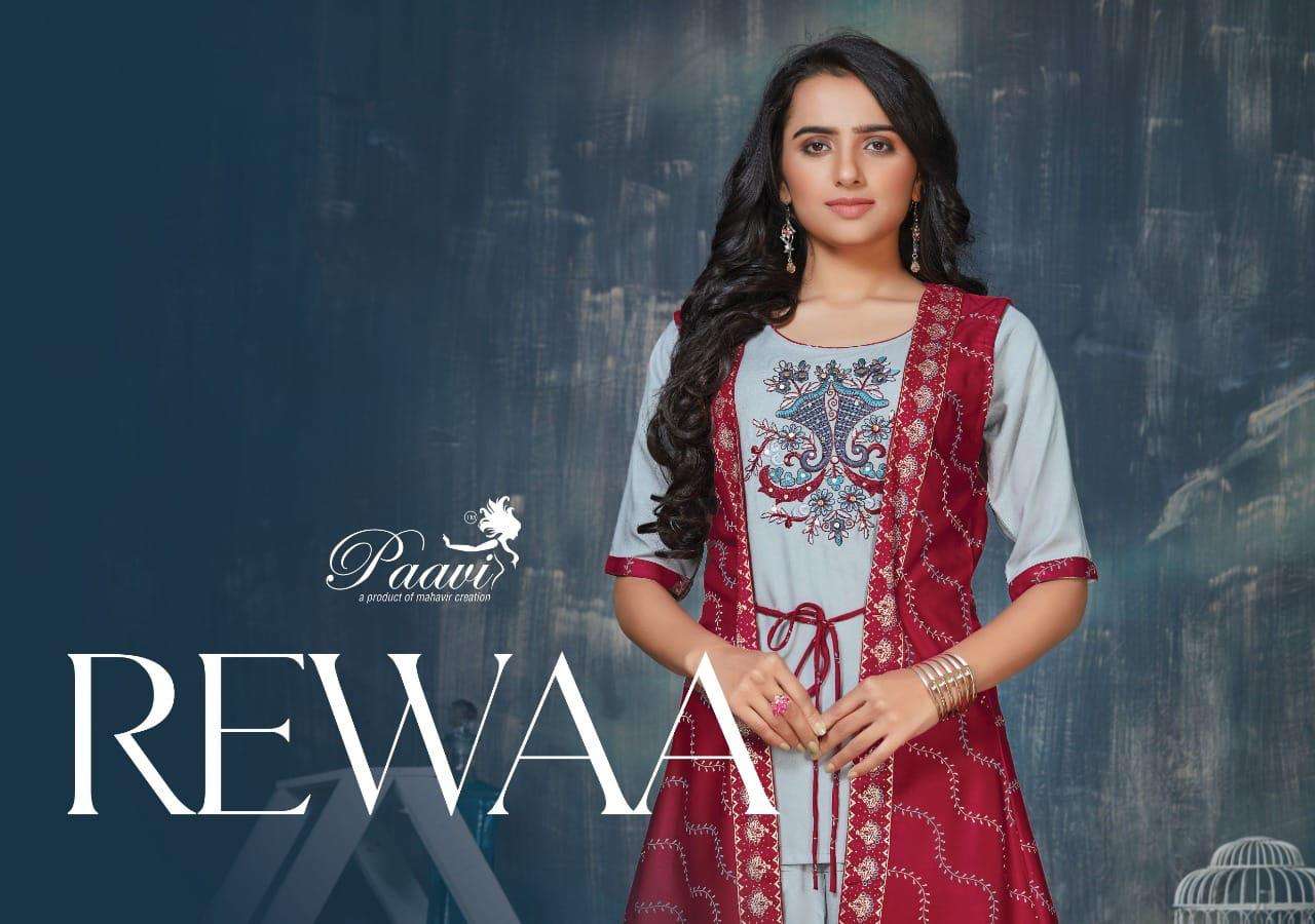 REWAA BY PAAVI 101 TO 108 SERIES DESIGNER STYLISH FANCY COLORFUL BEAUTIFUL PARTY WEAR & ETHNIC WEAR COLLECTION RAYON PRINT TOPS WITH BOTTOM AT WHOLESALE PRICE
