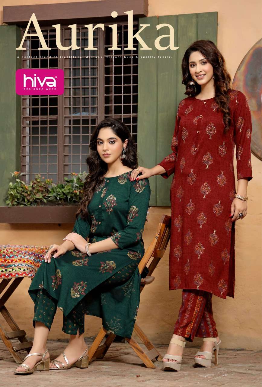 AURIKA BY HIVA 101 TO 106 SERIES DESIGNER STYLISH FANCY COLORFUL BEAUTIFUL PARTY WEAR & ETHNIC WEAR COLLECTION RAYON TWO TONE KURTIS WITH BOTTOM AT WHOLESALE PRICE