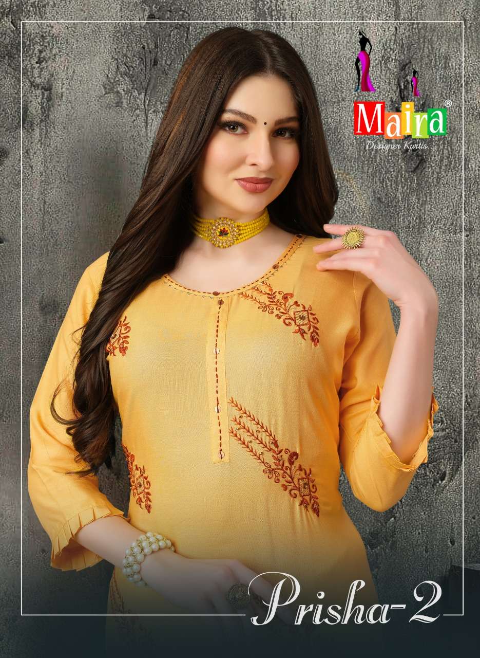 PRISHA VOL-2 BY MAIRA 101 TO 108 SERIES DESIGNER STYLISH FANCY COLORFUL BEAUTIFUL PARTY WEAR & ETHNIC WEAR COLLECTION RAYON WITH WORK KURTIS AT WHOLESALE PRICE