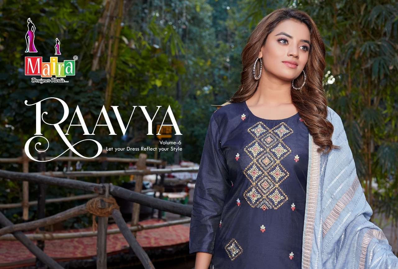 RAAVYA VOL-6 BY MAIRA 6001 TO 6008 SERIES BEAUTIFUL SUITS COLORFUL STYLISH FANCY CASUAL WEAR & ETHNIC WEAR HEAVY SILK DRESSES AT WHOLESALE PRICE