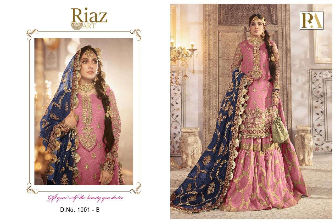 RIAZ 1001 COLOURS BY RIAZ ART 1001-A TO 1001-C SERIES BEAUTIFUL STYLISH PAKISTANI SUITS FANCY COLORFUL CASUAL WEAR & ETHNIC WEAR & READY TO WEAR ORGANZA EMBROIDERED DRESSES AT WHOLESALE PRICE