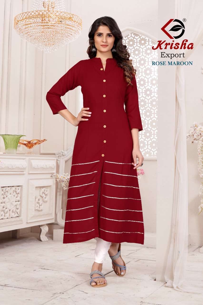 ROSE VOL-1 BY KRISHA EXPORTS 01 TO 05 SERIES DESIGNER STYLISH FANCY COLORFUL BEAUTIFUL PARTY WEAR & ETHNIC WEAR COLLECTION HEAVY RAYON WITH WORK KURTIS AT WHOLESALE PRICE