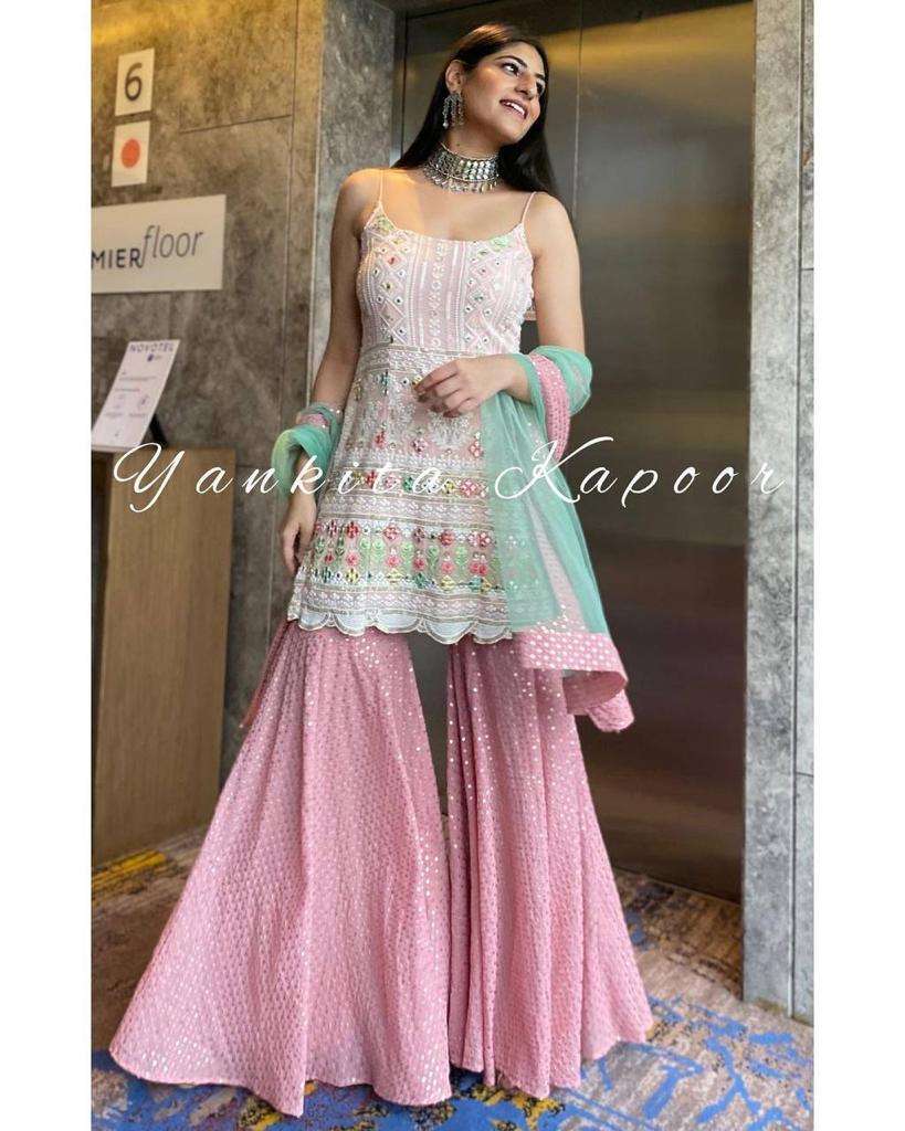 peach georgette satin heavy embroidered sharara style pakistani suit 29001  | Gharara designs, Designer dresses indian, Traditional outfits