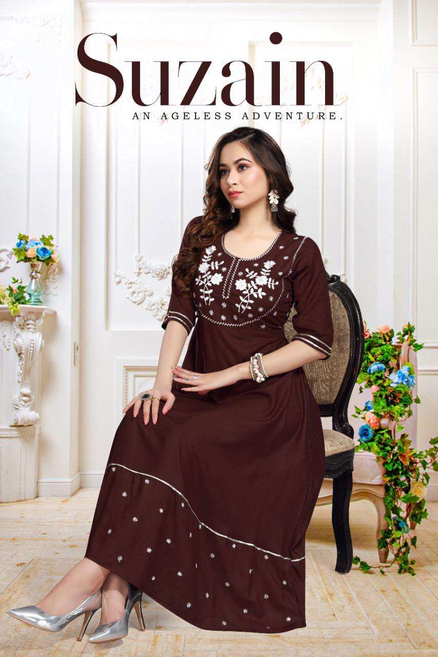 SUZAIN BY BEAUTY QUEEN 1001 TO 1008 SERIES BEAUTIFUL STYLISH FANCY COLORFUL CASUAL WEAR & ETHNIC WEAR RAYON EMBROIDERED GOWNS AT WHOLESALE PRICE