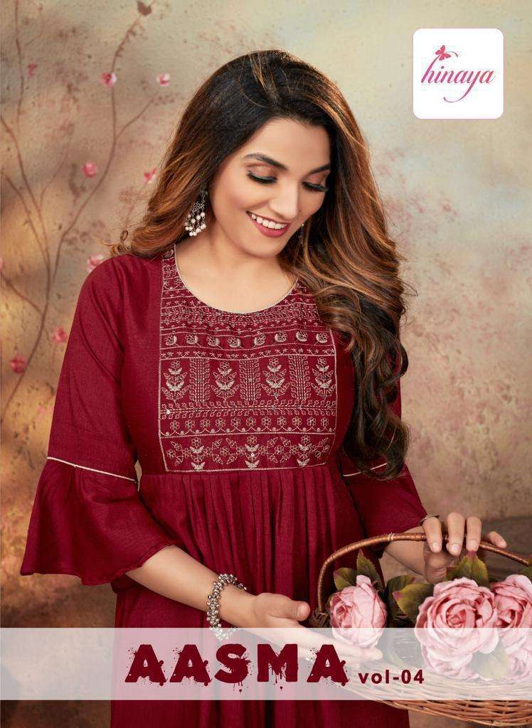 AASMA VOL-4 BY HINAYA 4001 TO 4007 SERIES DESIGNER STYLISH FANCY COLORFUL BEAUTIFUL PARTY WEAR & ETHNIC WEAR COLLECTION RAYON WITH WORK KURTIS WITH BOTTOM AT WHOLESALE PRICE
