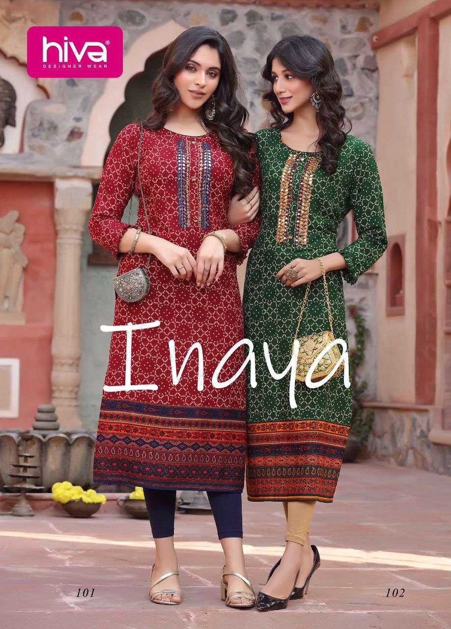 INAYA BY HIVA 101 TO 106 SERIES DESIGNER STYLISH FANCY COLORFUL BEAUTIFUL PARTY WEAR & ETHNIC WEAR COLLECTION RAYON PRINT KURTIS AT WHOLESALE PRICE