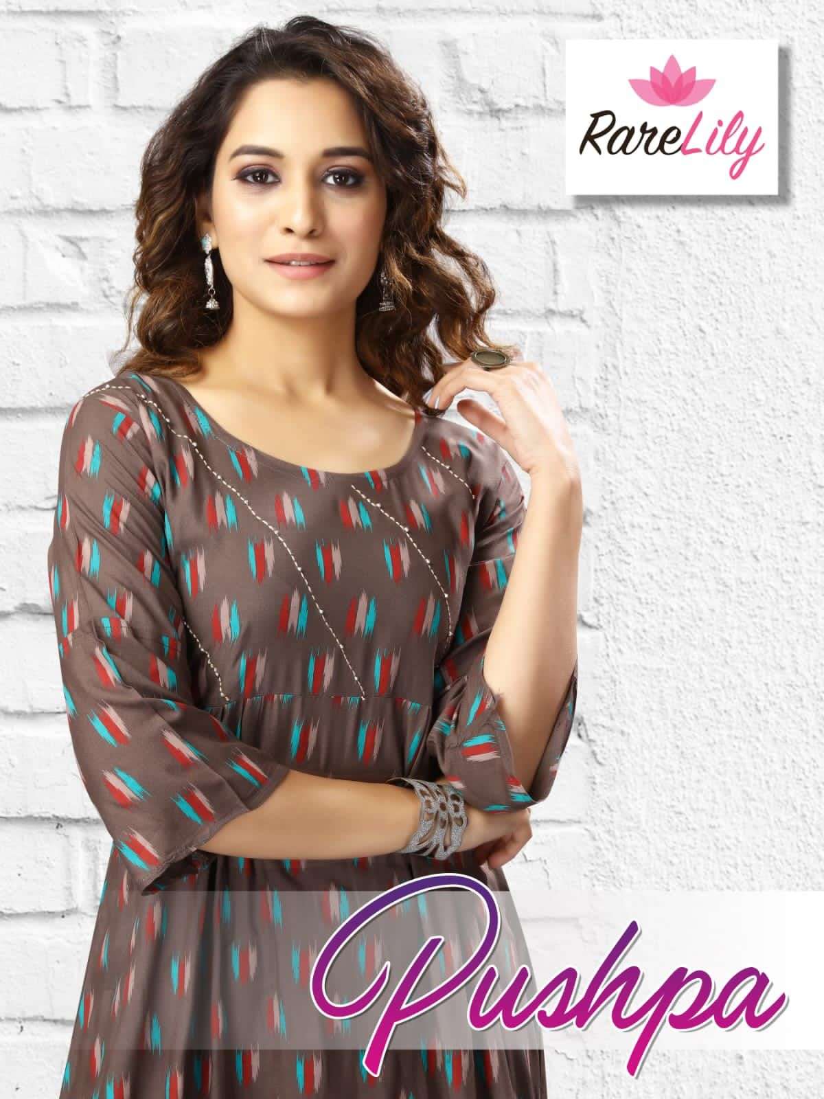 PUSHPA BY RARE LILY 201 TO 207 SERIES DESIGNER STYLISH FANCY COLORFUL BEAUTIFUL PARTY WEAR & ETHNIC WEAR COLLECTION RAYON PRINT KURTIS AT WHOLESALE PRICE