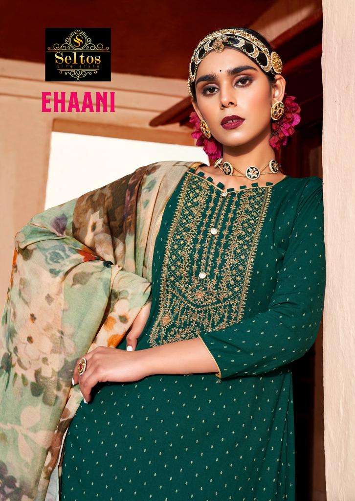 EHAANI BY SELTOS 34001 TO 34006 SERIES BEAUTIFUL SUITS COLORFUL STYLISH FANCY CASUAL WEAR & ETHNIC WEAR VISCOSE RAYON SILK DRESSES AT WHOLESALE PRICE