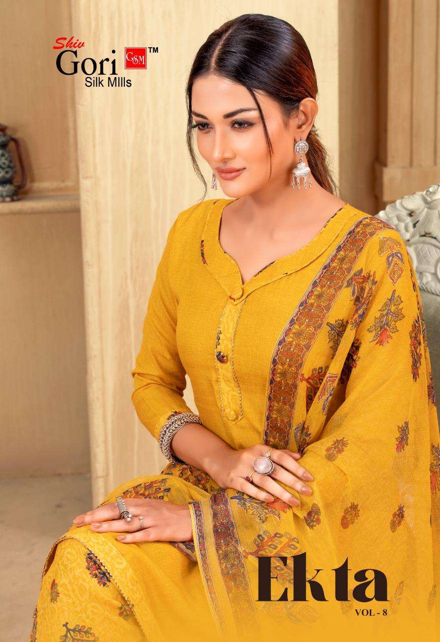 EKTA VOL-8 BY SHIV GORI SILK MILLS 8001 TO 8012 SERIES BEAUTIFUL STYLISH SUITS FANCY COLORFUL CASUAL WEAR & ETHNIC WEAR & READY TO WEAR HEAVY COTTON PRINTED DRESSES AT WHOLESALE PRICE