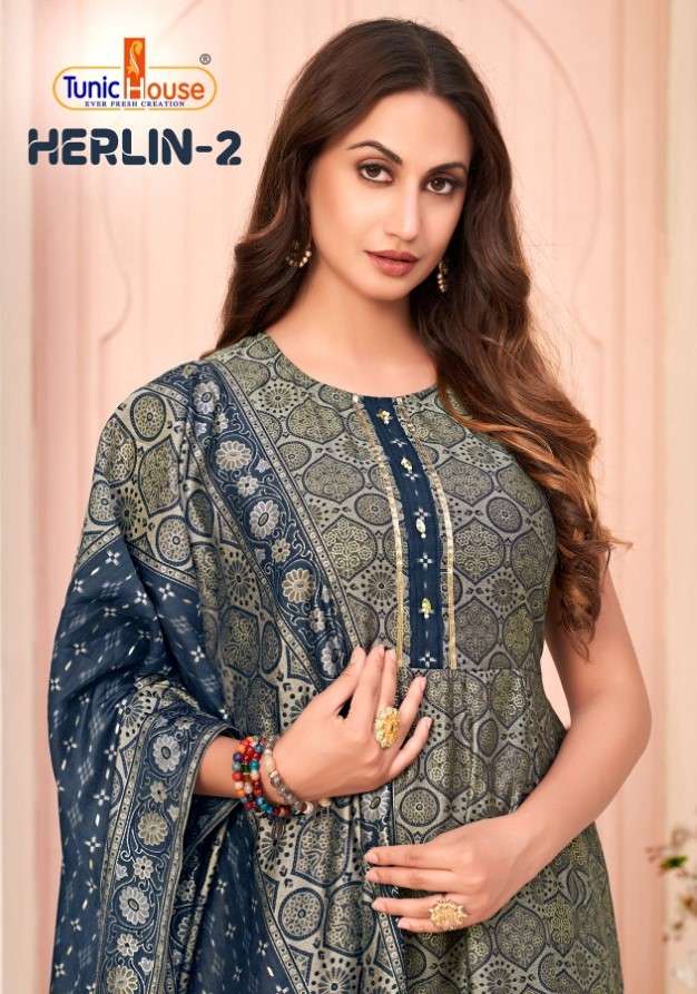 HERLIN VOL-2 BY TUNIC HOUSE 21001 TO 21006 SERIES BEAUTIFUL SHARARA SUITS COLORFUL STYLISH FANCY CASUAL WEAR & ETHNIC WEAR MUSLIN SILK DIGITAL PRINT DRESSES AT WHOLESALE PRICE