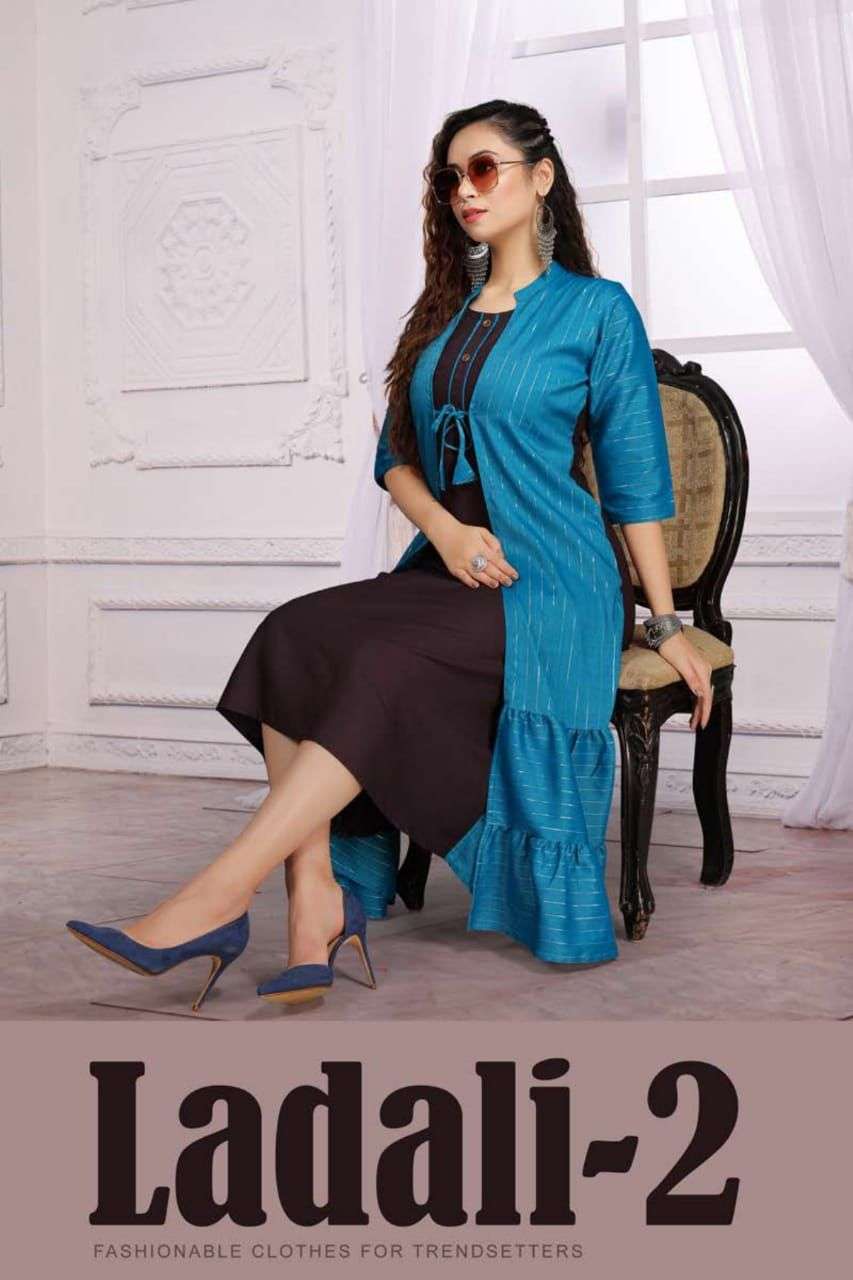 LADALI VOL-2 BY BEAUTY QUEEN 7443-A TO 7443-F SERIES DESIGNER STYLISH FANCY COLORFUL BEAUTIFUL PARTY WEAR & ETHNIC WEAR COLLECTION HEAVY RAYON KURTIS WITH JACKET AT WHOLESALE PRICE