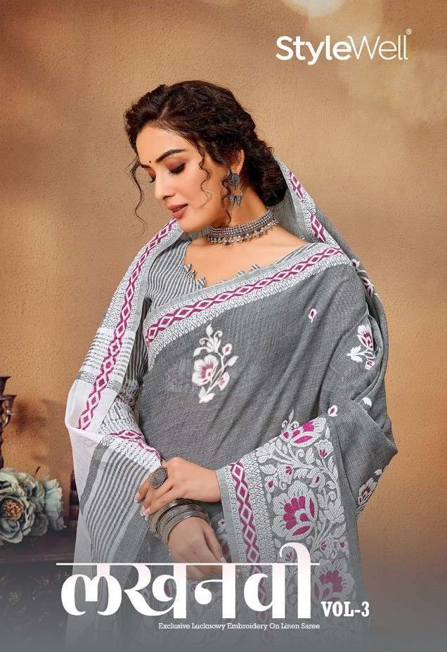 LAKHNAVI VOL-3 BY STYLEWELL 681 TO 688 SERIES INDIAN TRADITIONAL WEAR COLLECTION BEAUTIFUL STYLISH FANCY COLORFUL PARTY WEAR & OCCASIONAL WEAR JACQUARD LINEN EMBROIDERED SAREES AT WHOLESALE PRICE