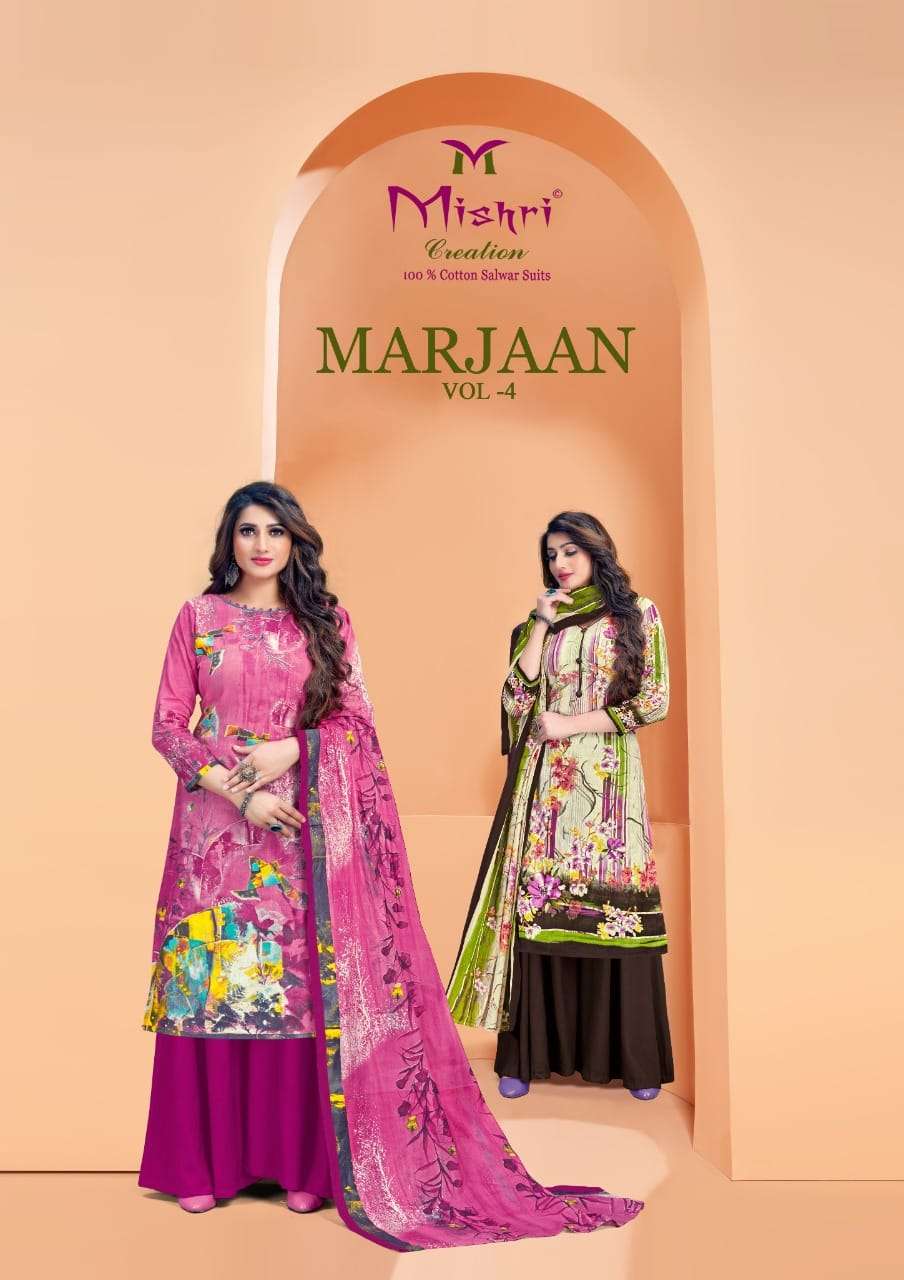MARJAAN VOL-4 BY MISHRI 4001 TO 4010 SERIES BEAUTIFUL SUITS COLORFUL STYLISH FANCY CASUAL WEAR & ETHNIC WEAR COTTON PRINT DRESSES AT WHOLESALE PRICE